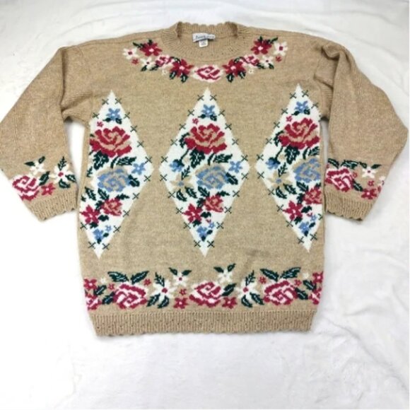 PRIVATE EYES ADELE KNIT WOMEN VINTAGE BROWN TAN ROSE FLORAL 100% ACRYLIC SWEATER - Picture 1 of 8